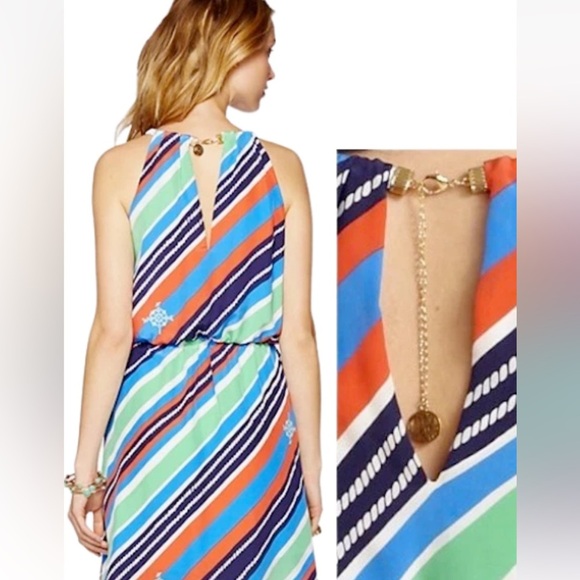 LILLY PULITZER KENNET OVERBOARD STRIPE BRAIDED CHAIN HALTER DRESS 100% SILK - Picture 1 of 14